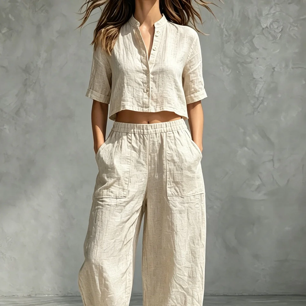 2026 Summer Single Breasted Round Neck Three-quarter Sleeve Top Elastic Waist Capri Pants Women's Simple Casual Two-piece Set