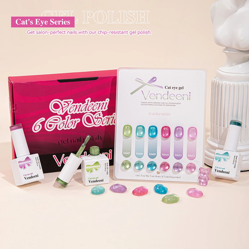 Vendeeni 6 Colors/Set Pink Blue Macarons Crystal Cat Eye Gel Nail Polish Glass Beads Magnetic Gel Varnish With Color Card 10ml