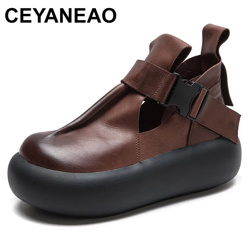 

5cm Ethnic Platform Wedge Summer Fashion Luxury Round Spring Autumn Shoes Women Ankle Booties Genuine Leather Mary Jane