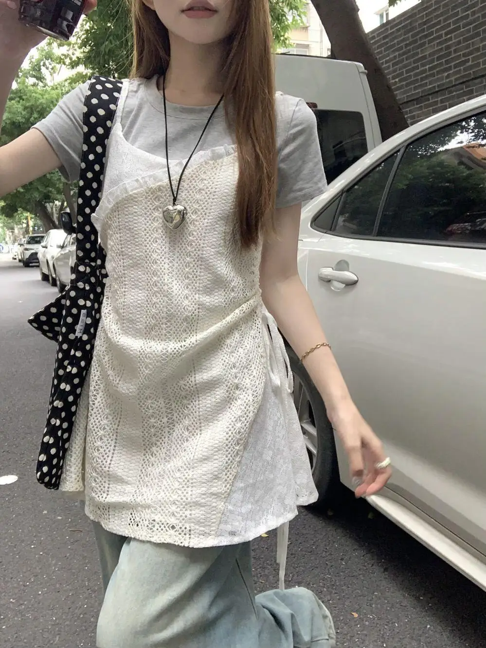 Vestido de Verão 2024 com Decote ter em Renda, Estilo Coreano, Vestido Casual de Decote Redondo, Vestido Sem Mangas para M...