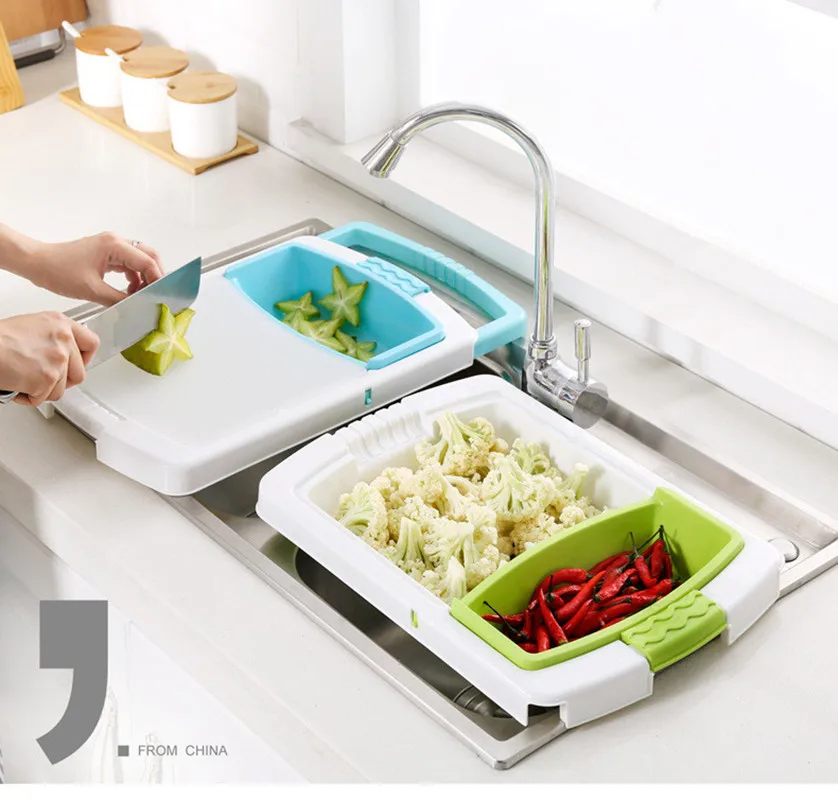 

2023 Creative Desktop Plastic Sorting Shelving Kitchen Retractable Drain Basket Portable Drain Retractable Cutting Board Rack