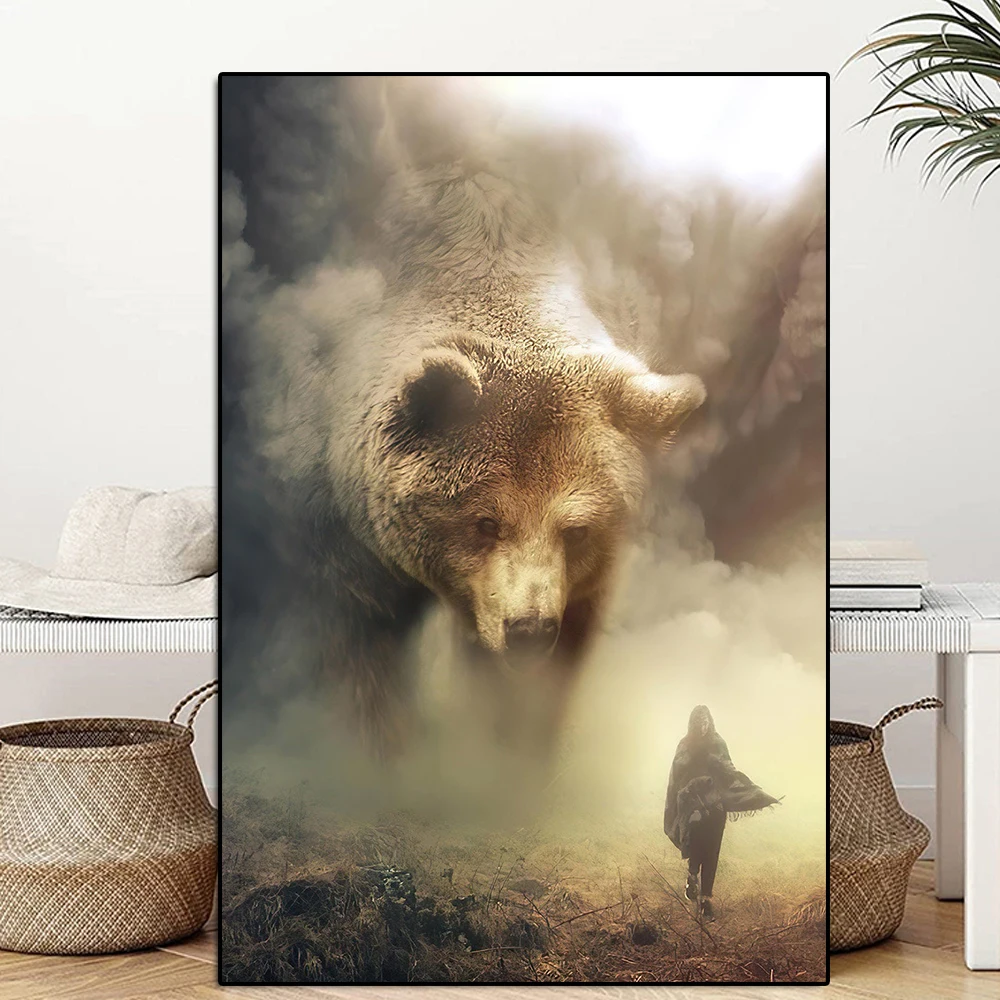 

Abstract Large Bear With Girl Canvas Painting Animal Inspirational Poster And Print Wall Art Mural Living Bedroom Home Decor