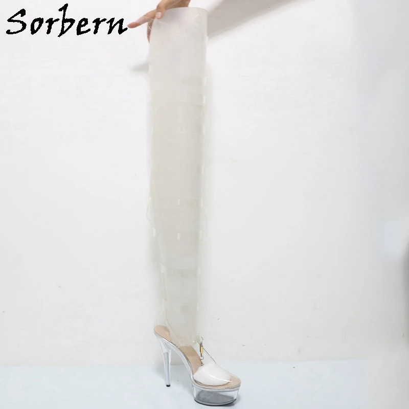 Sorbern See Through Pvc Over The Knee Boots With Locks Perspex High Heels 15Cm Open Toe Multi Straps Long Boot Custom 17Cm 20Cm