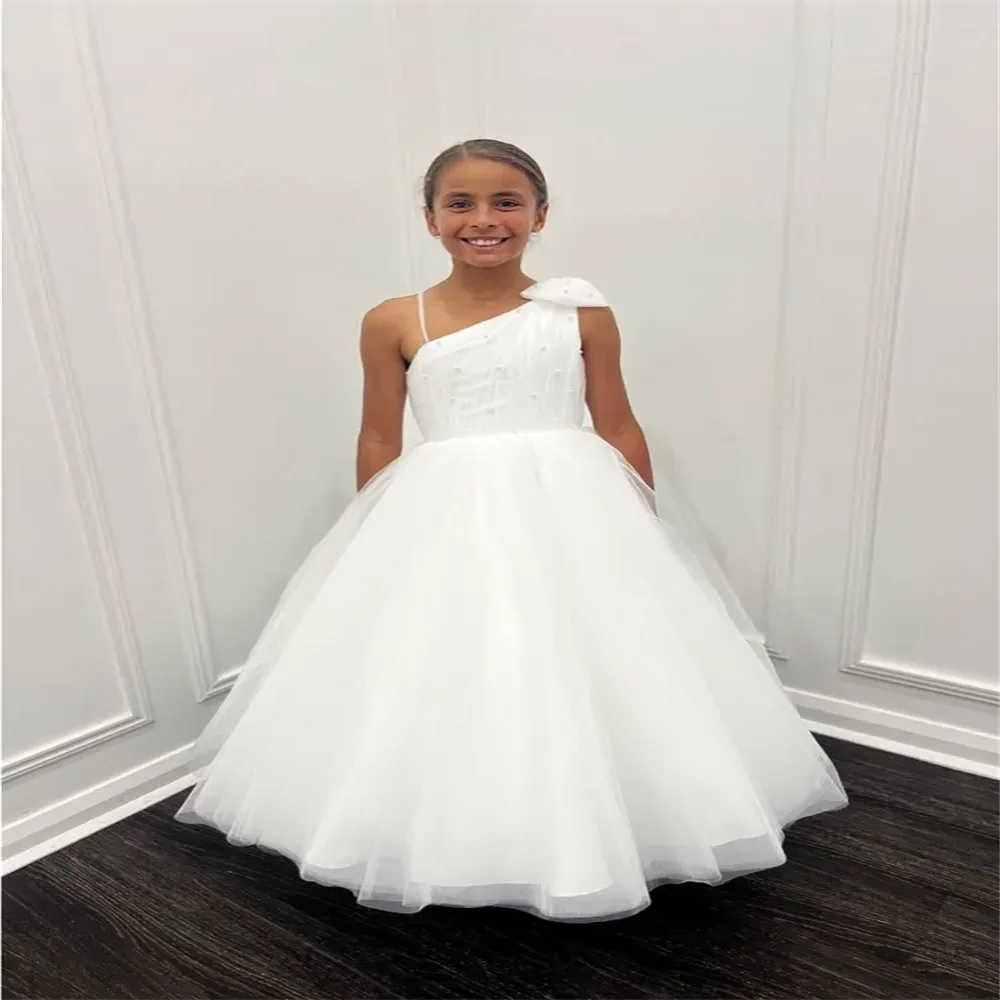 Robe de fille de fleur blanche, tenue de fête de bébé, de mariage, de reconstitution historique de beauté, avec nœud et perles, pour fête d'anniversaire, première communion