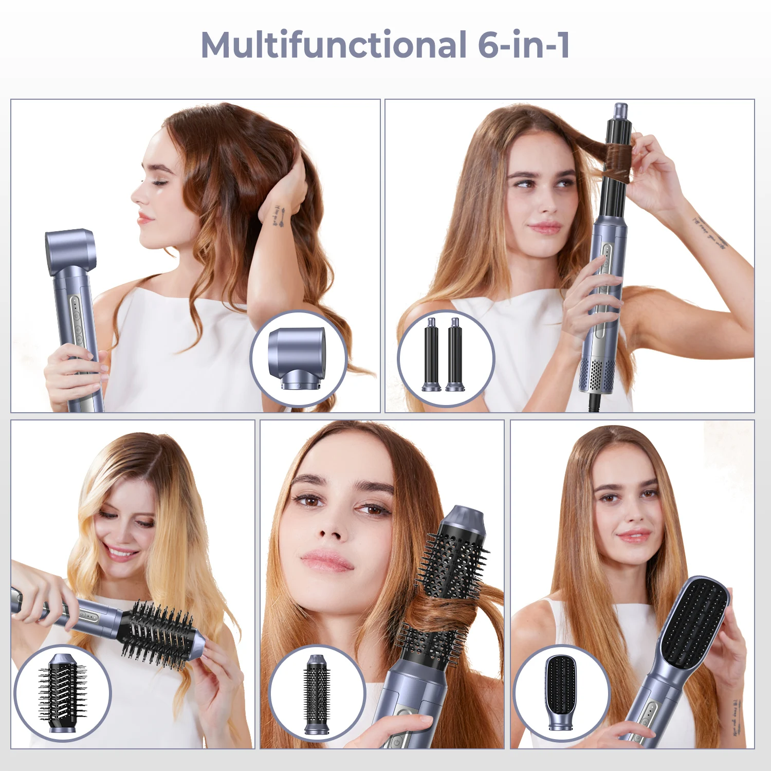 Secador de pelo profesional 6 en 1, herramienta de peinado sin escobillas de 110000RPM, cepillo iónico de aire caliente, plancha automática para rizar el cabello