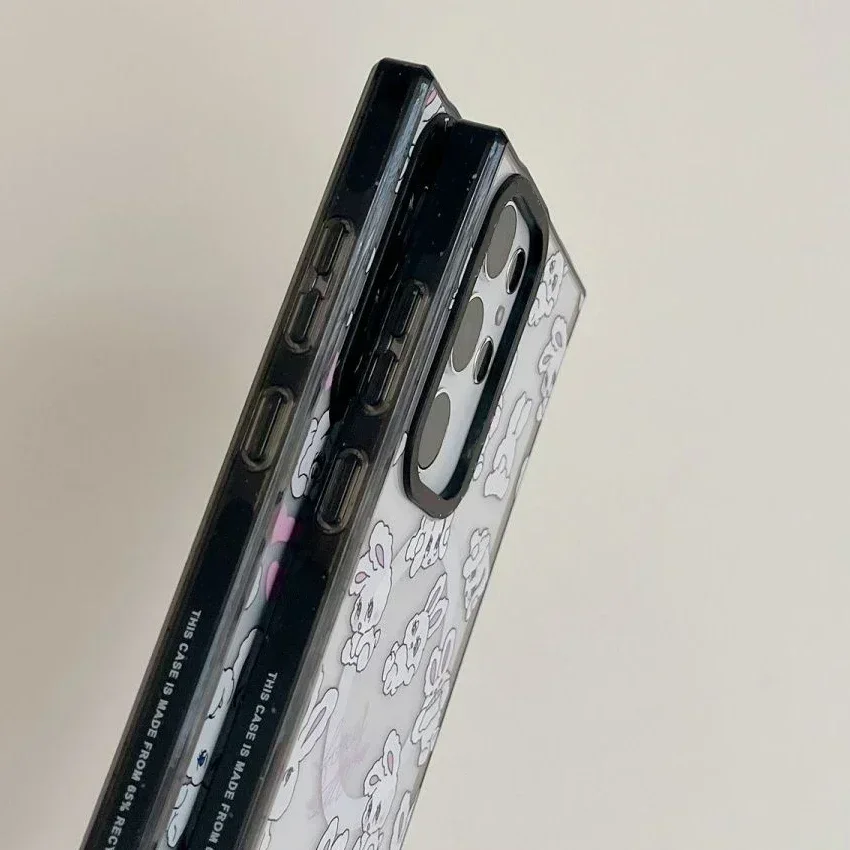 Casing Ponsel Magnetik Perbatasan Hitam Akrilik Magnetik Hati Kelinci untuk Samsung Galaxy S25 + Plus S24 S23 Ultra S25U Cangkang Pelindung