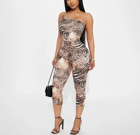 

Летний женский модный облегающий комбинезон с высокой талией и леопардовым принтом на одно плечо с металлической пряжкой и украшением, облегающий эластичный комбинезон