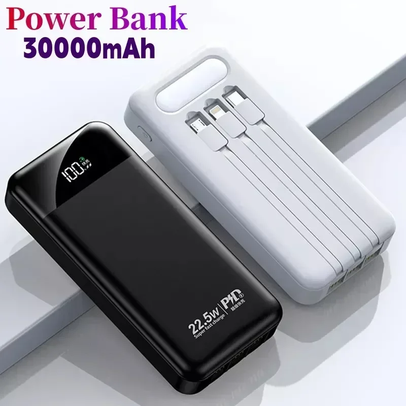 

30000 мАч 22,5 Вт Schnell Lade Power Bank Mit LED-Taschenlampe Портативный Mit Kabel Power Bank Мобильный Power Bank