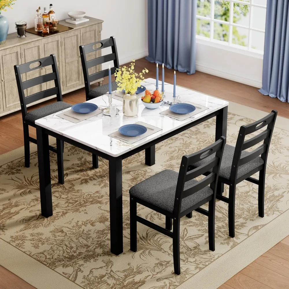 

Solid Wood Dining Table Set for 4 with Marble Design Chairs, Space-Saving for Apartments