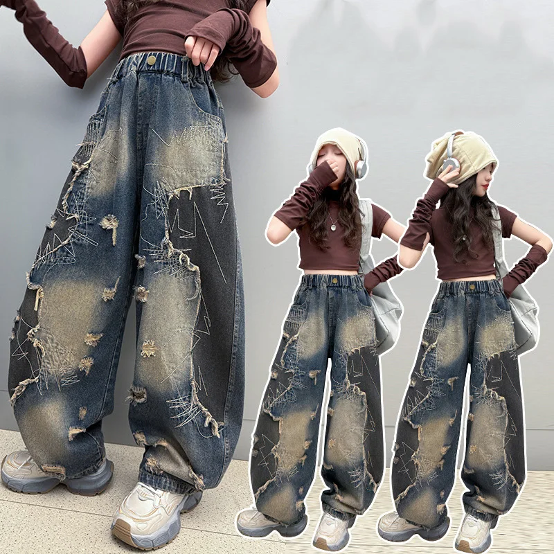 

2025 Autumn Junior Girls Wide Leg Pant Children Girls Retro Patchwork Denim Pant School Girls Elastic Waist Loose Trousers