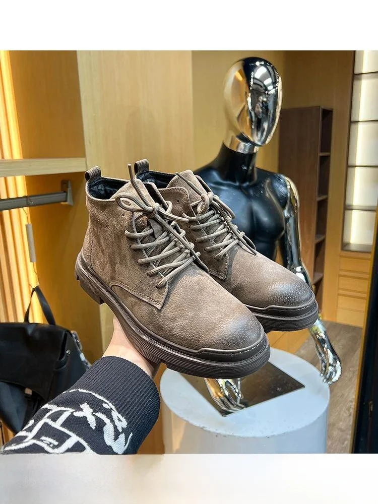 

Thickened Boots Men's Winter Rubber Anti-slip Fleece Lined Store Pickup round Toe Short Boot Casual Style Breathable