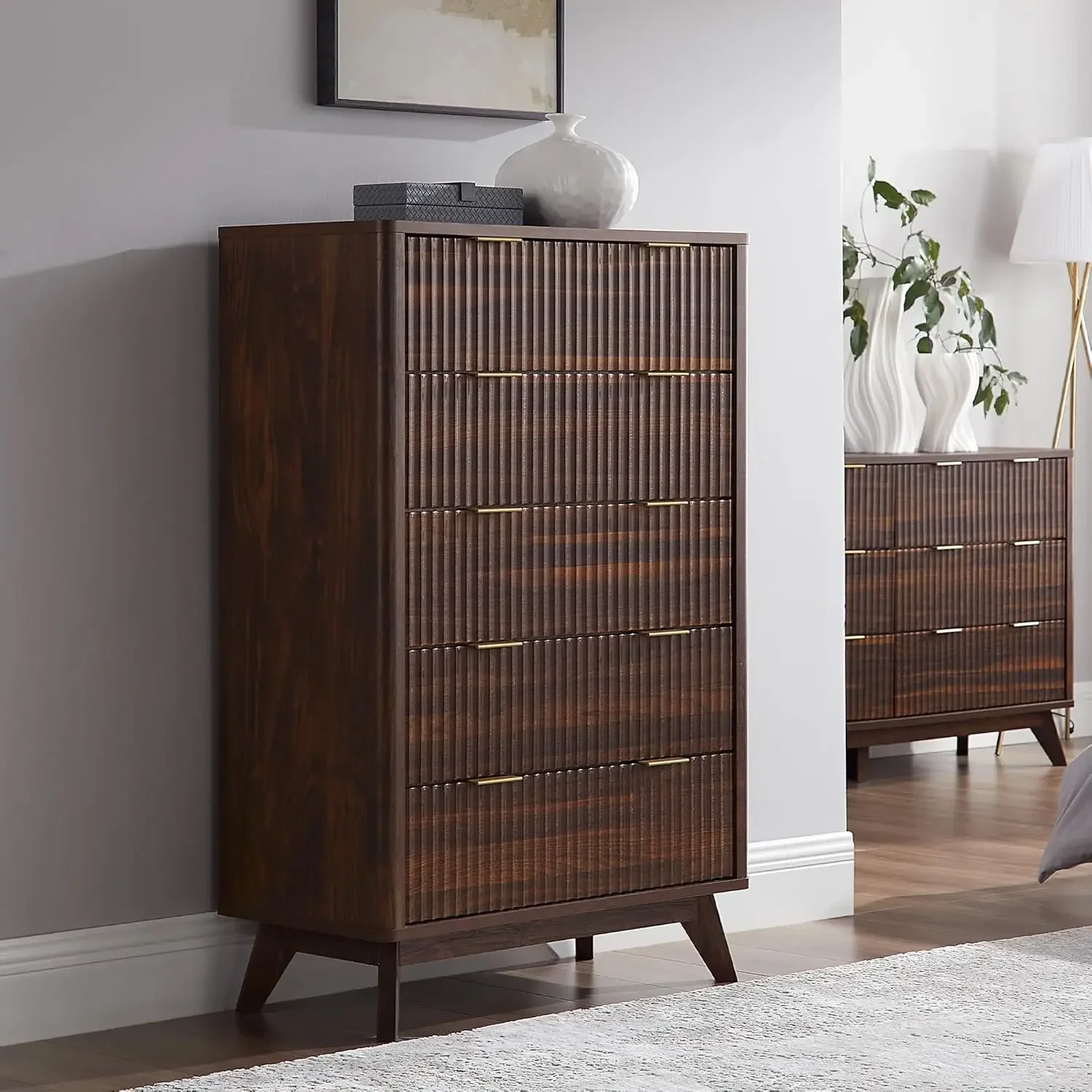 [Limited Time Offer + Free Shipping!]Fluted 5 Drawers Dresser, 48" Tall Modern Chest of Drawers, Curved Profile Design, Wood Dra