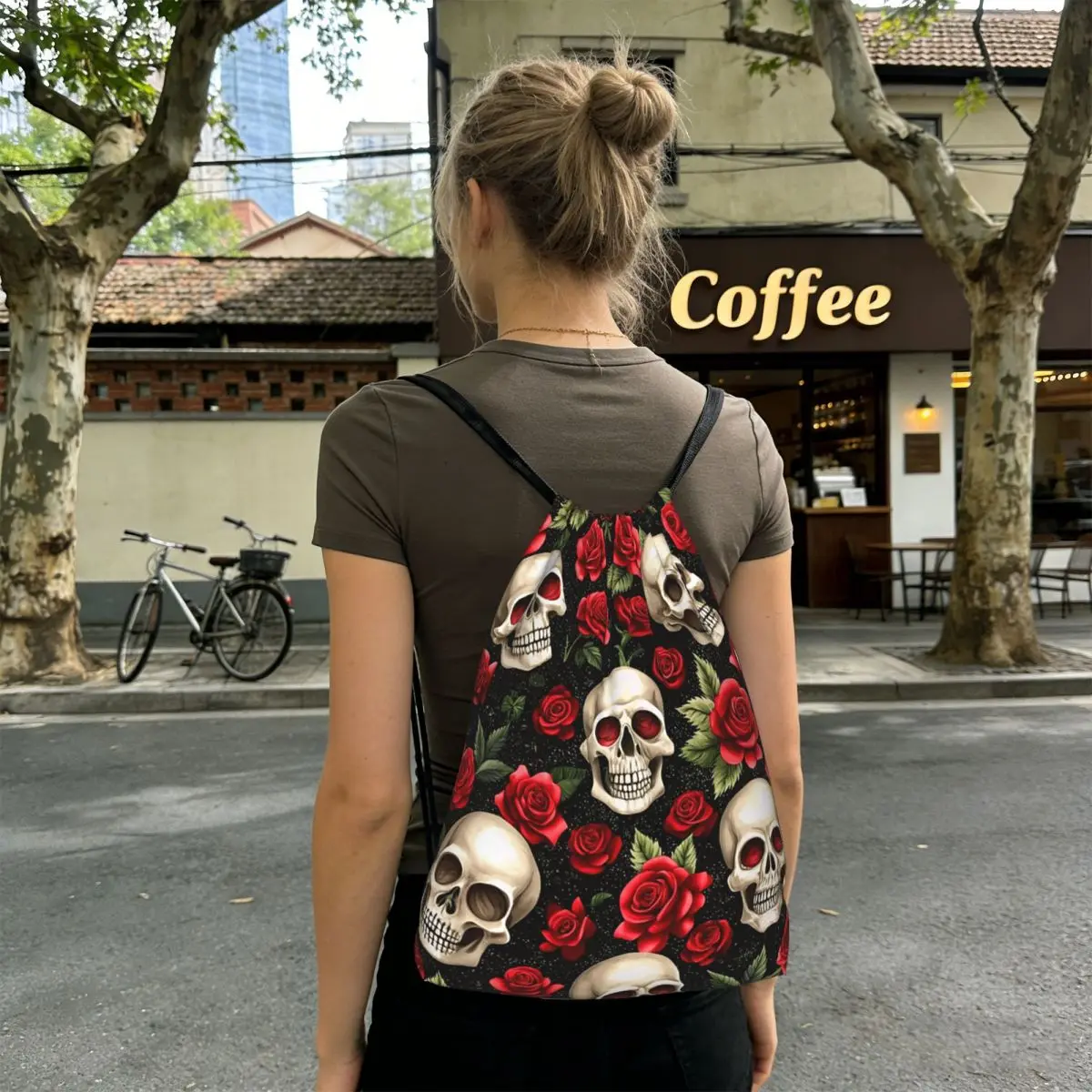 Rose Skull Gothic Style Pattern Backpacks Multi-function Drawstring Bundle Pocket Shoes Bag Book Bags for Travel Students