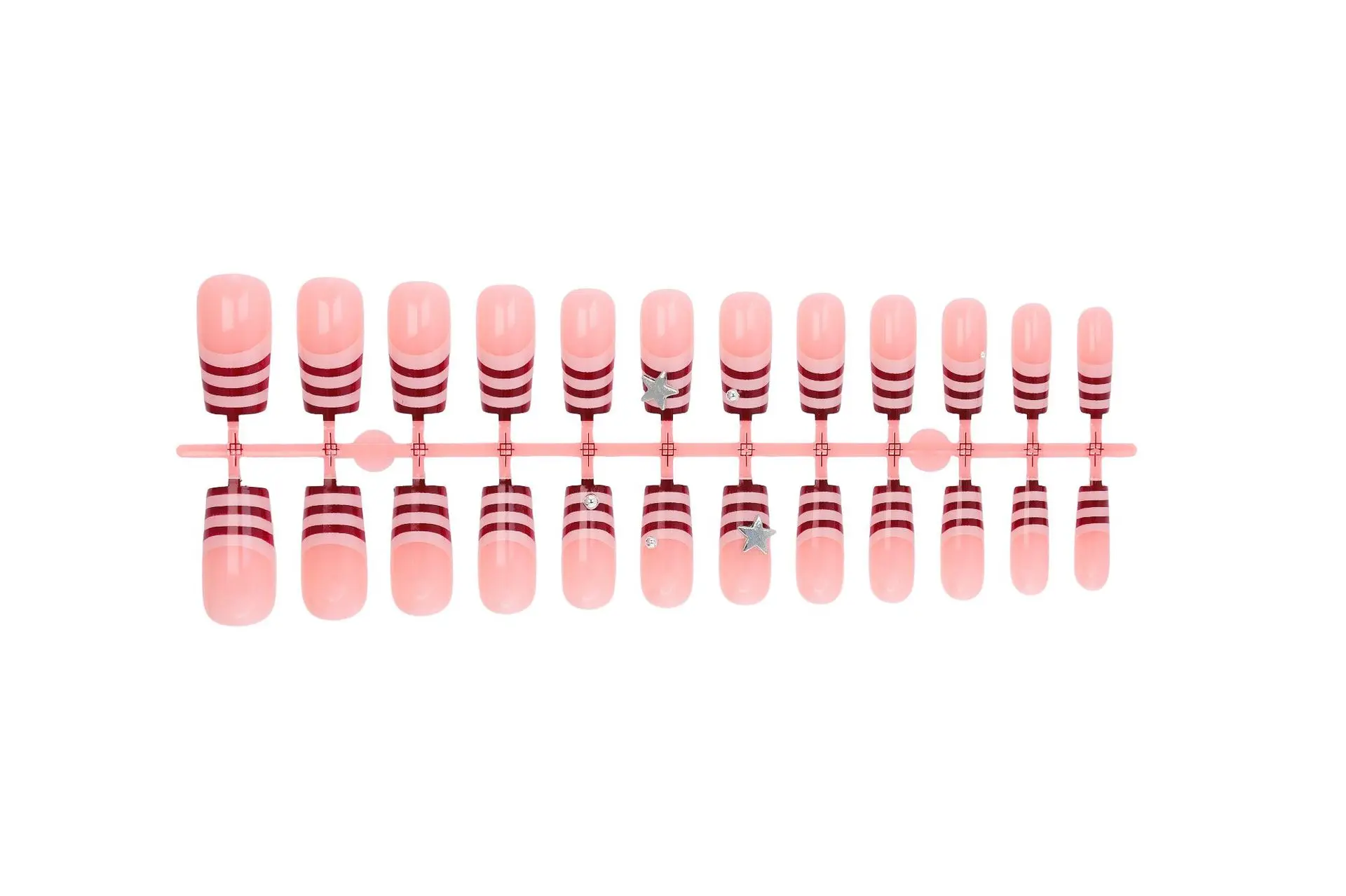 24 Stück Mittellange Quadratische Künstliche Nägel in Rosa-Braun mit Streifen und Süßen Coolen Sternen-Designs, Aufklebenägel mit Vollabdeckung, Modische Spitzen – Detail 4