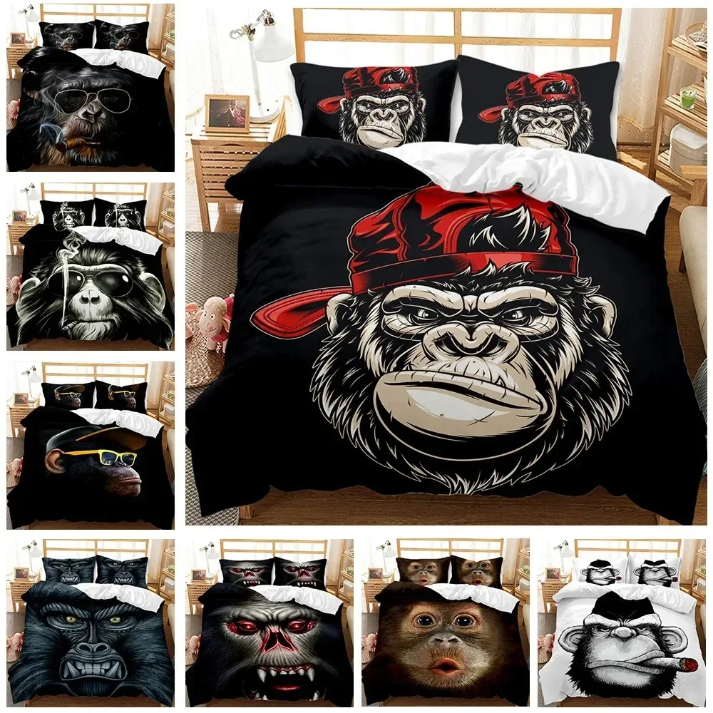 Monkey Duvet Cover Gorilla Head Bedding Set Kids Teens Red Hat Comforter Cover Wild Animal Polyester Quilt Cover Queen Full Size