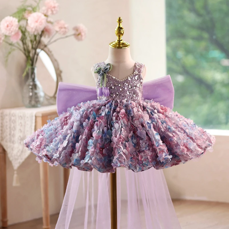 2026 Party Dress Summer New Fashion Floral Sleeveless Kids Sweet Purple Children Girls Birthday Host Princess Gown Costume Cute