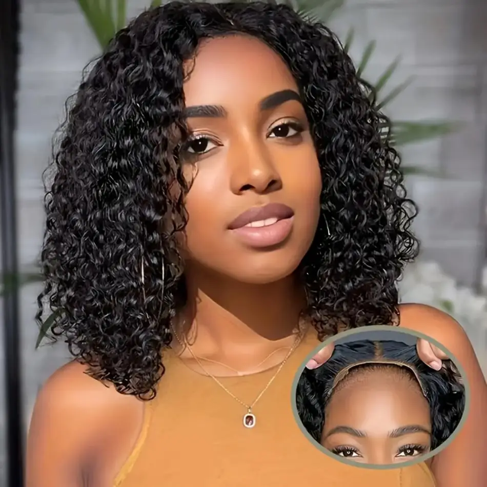 Perruque courte bouclée sans colle, prête à porter, en cheveux humains pré-épilés, avec closure 4x4 Deep Wave et perruque pré-coupée 5x5 pour femmes