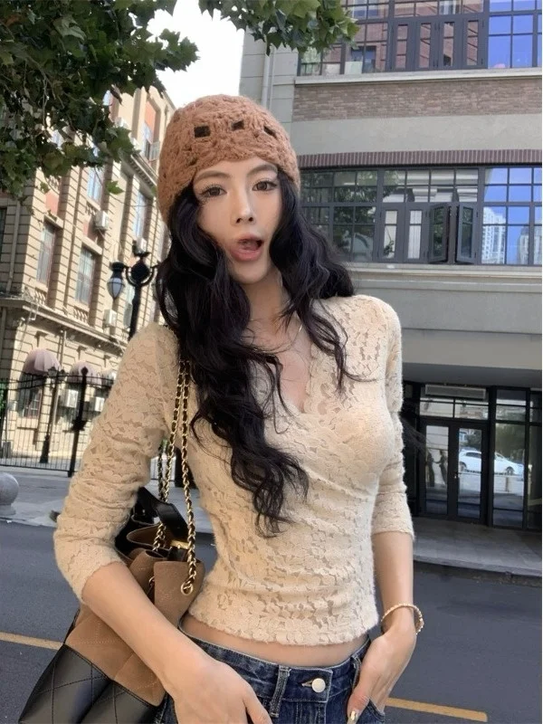 

Sexy Lace Hollow out V-Ne Top Women's Pure Desire French Sle Cotton Linen Fabric Long Sve ort Length Anti-Wrinkle An...