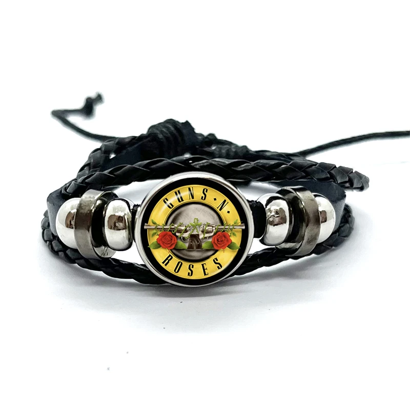 Latest Guns N Roses Rock Band Bracelet Punk Guns and Roses Band Logo Print Glass Gem Handmade Multilayer Braided Bangle Gift