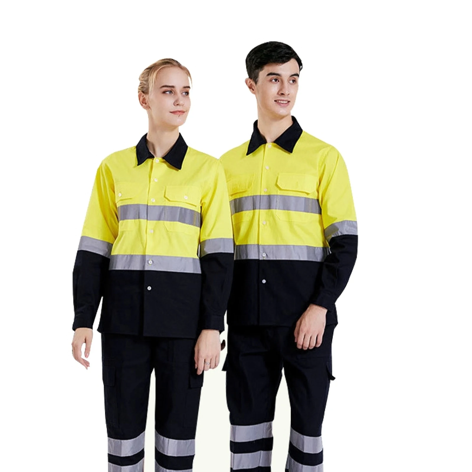 Pure Cotton Long-sleeved Reflective Clothes Overalls Work Clothes Hi Vis Long Sleeves Safety Working Uniform(Yellow Top)