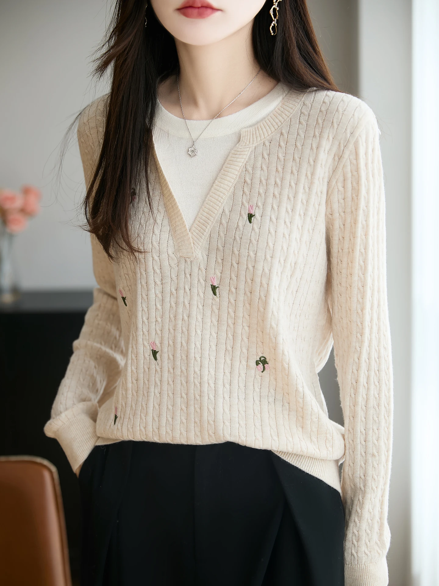 

Woman Autumn Winter Sweater New Fashion Female Merino Wool Knitwear Double Layered Collar Pullover Lady Long Sleeve Clothes Tops
