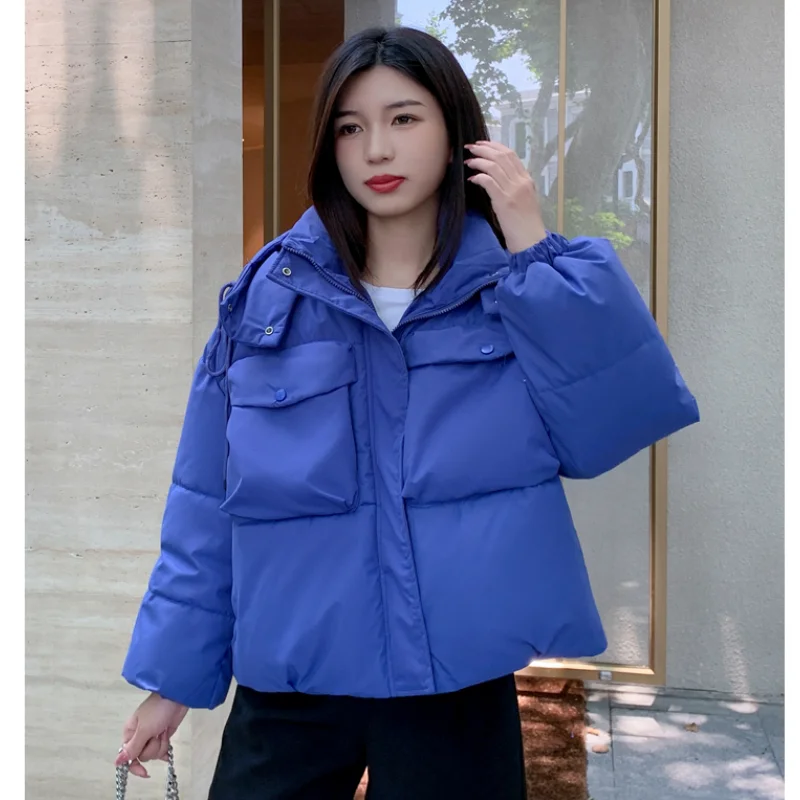 Beige Down Jacket Women Coat Black Hooded Fashion American Streetwear Y2K Style Duck Down Feather Female Winter Short Outwear