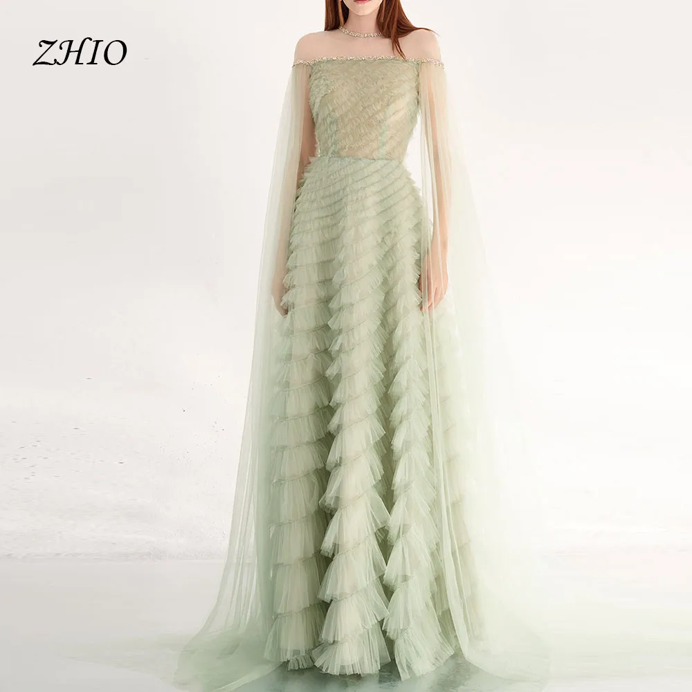 ZHIO Mint Green Off Shoulder Tiered Tulle Evening Dress Layered Ruffles Sheer Cape Elegant Long Prom Dress