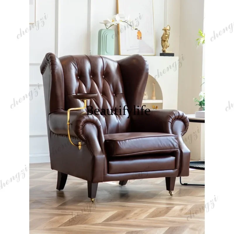 F181 American single sofa chair European living room retro style, pull button hotel leather, chair