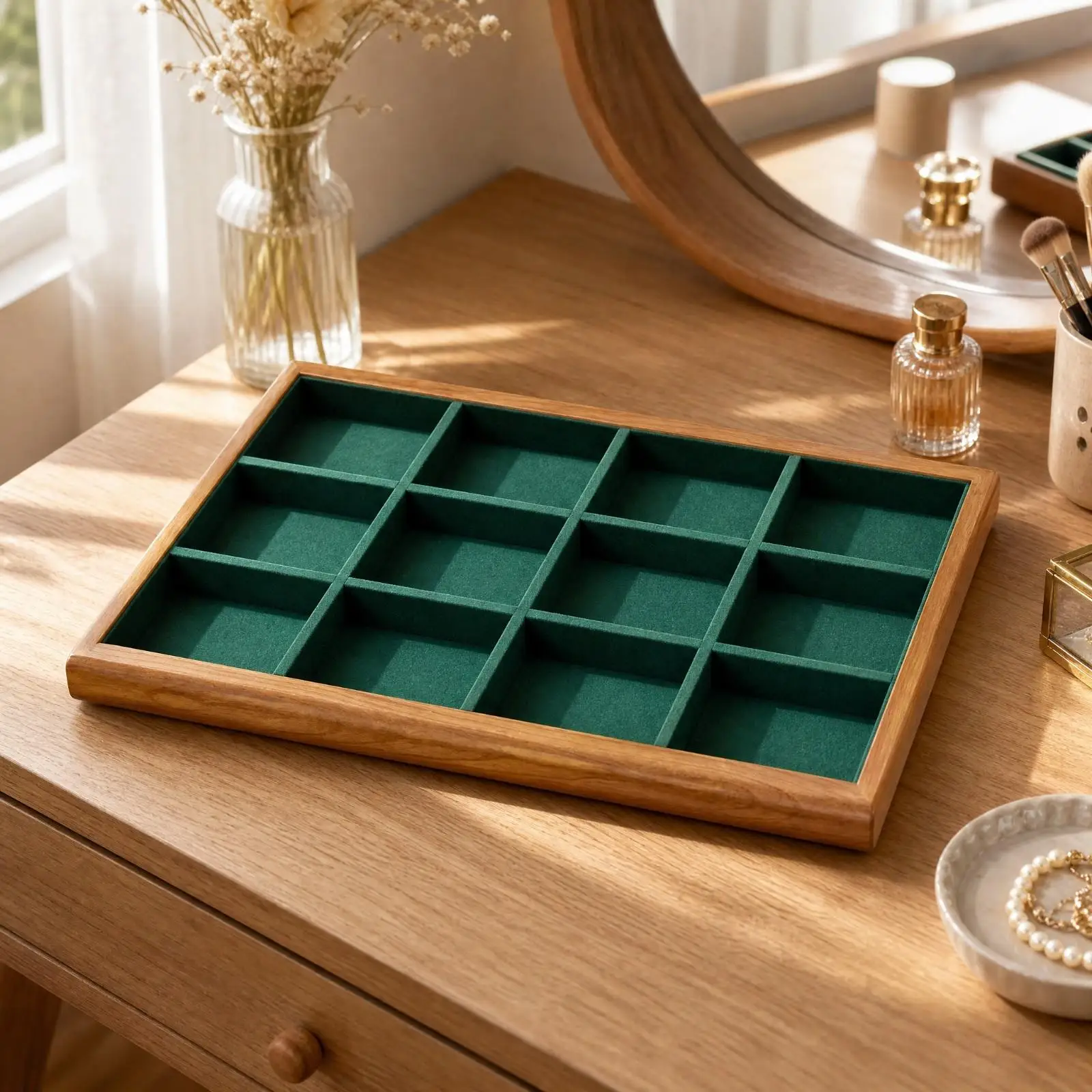 Solid Wood Rectangular Jewelry Display Tray with Raised Dividers for Ring Necklace Pendant Organization Storage