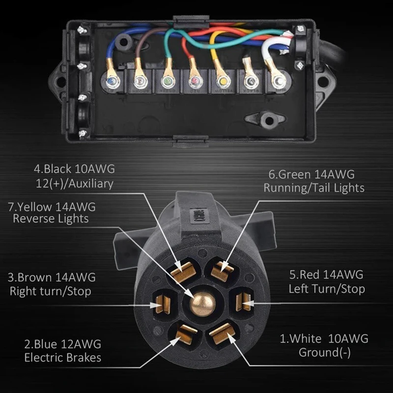 8 Foot 7 Pin Trailer Plug Wiring Harness 7 Way RV Trailer Cord Wire With 7 Gang Waterproof Junction Box