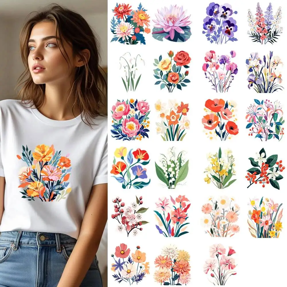Vintage Flower Bouquet Daisy Peony Transfer Patches For Clothes Applqiues DIY A-Level Washable T-shirts Iron-on Thermal Stickers