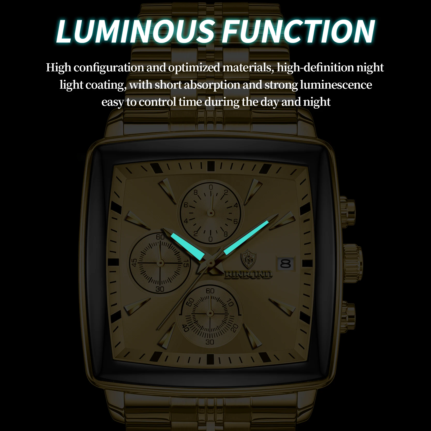 BINBOND ساحة ساعة رجالي مقاوم للماء ضوء الليل كرونوغراف التقويم ساعة رجالي الفولاذ المقاوم للصدأ كوارتز ساعة رجالي + صندوق Reloj