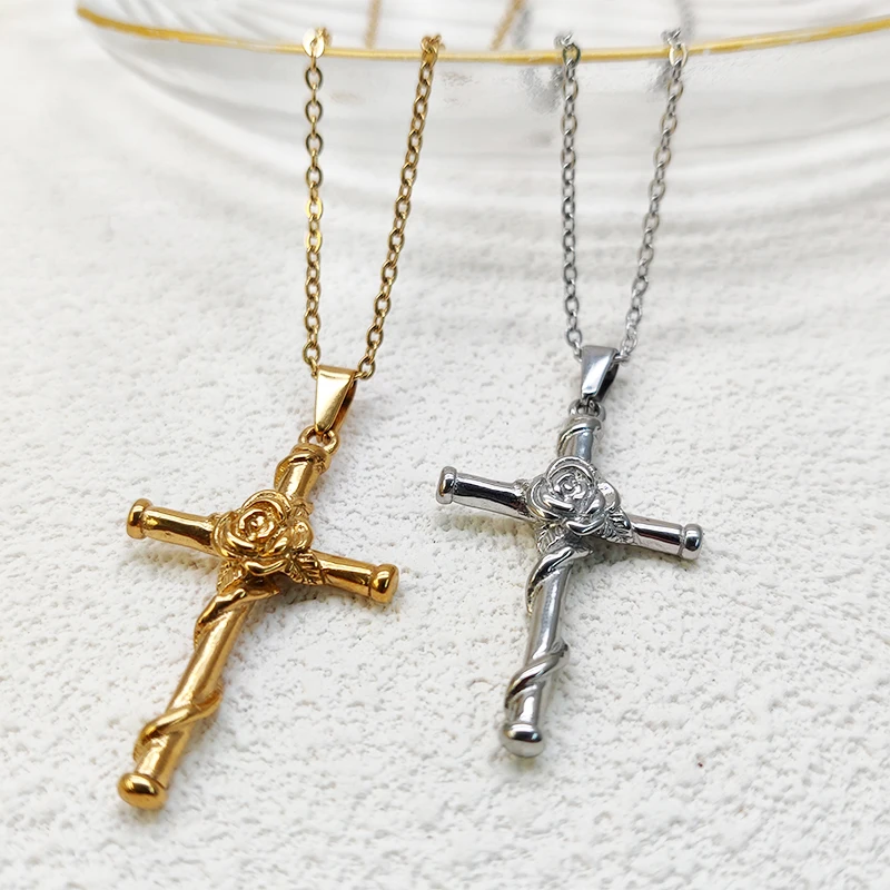 Gold Color Stainless Steel Jesus Cross Pendant Necklace for Women Men Rose Flower Cross Christian Necklace Jewelry