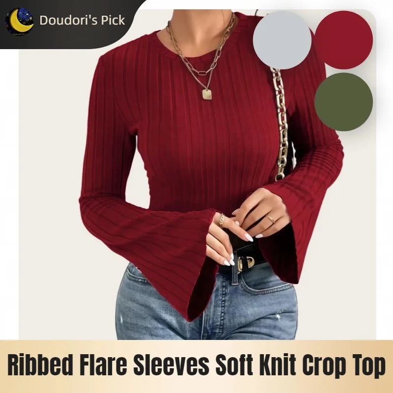 European and American Style Women's Burgundy, Olive Green, Light Gray Round-Neck Soft Knit Ribbed Flared Sleeve Slim-Fit Short Top
