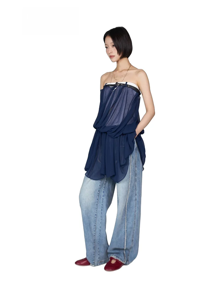

Double Layer Patchwork Frayed Denim Wide Leg Pants High Waist Zipper Closure Casual Sle Autumn Season WEiCHENG LU