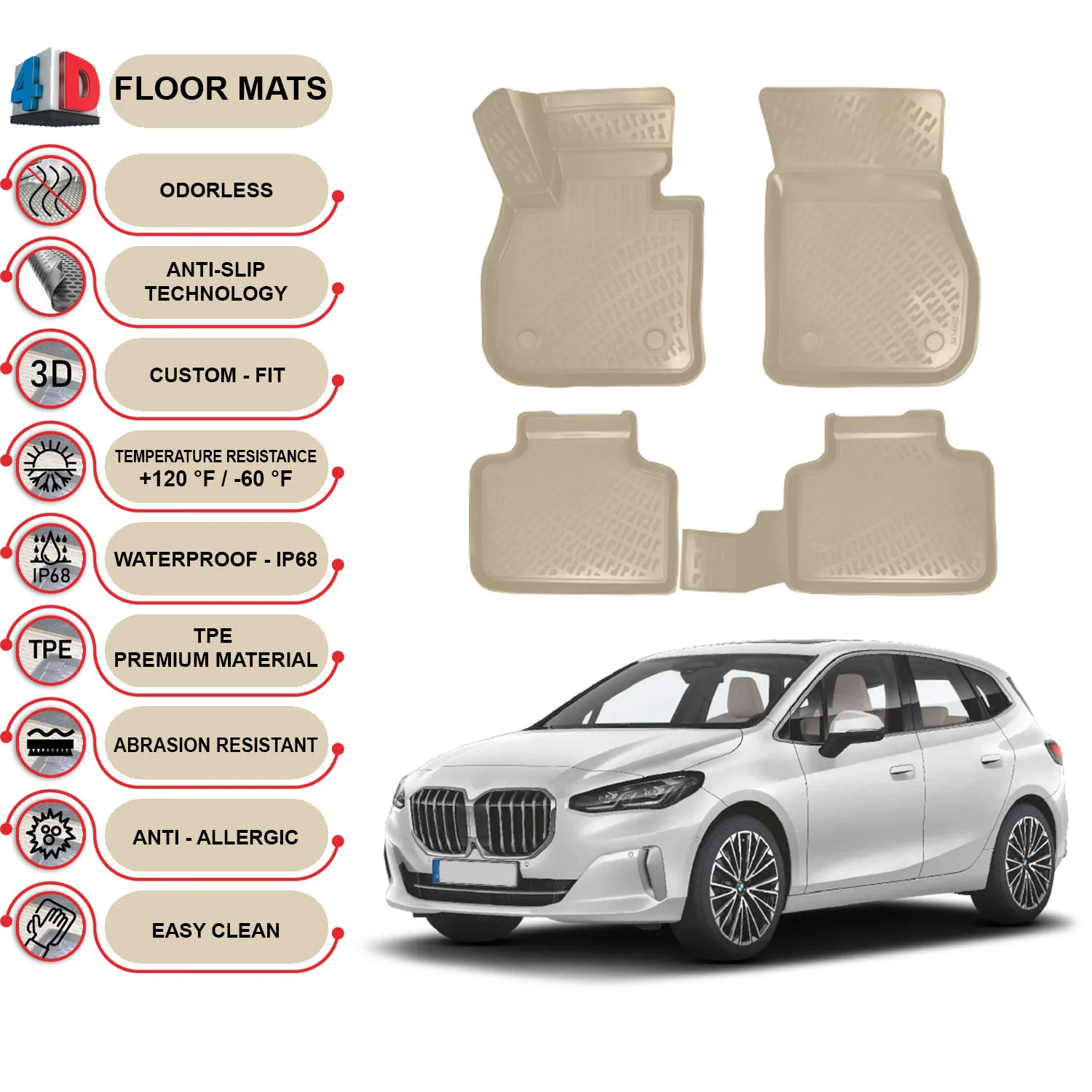 BMW 2 Active Tourer - (2014-2022) Floor Mats Liner Waterproof 3D - (Beige)