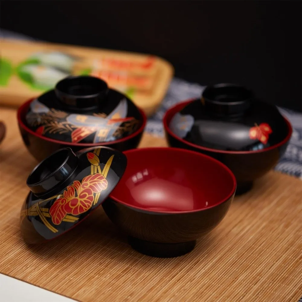Tazón de Sopa Miso Nuevo con Tapa, Recipiente para Sopa, Tazón de Arroz Japonés de Doble Color, Tazón con Diseño de Hoja de Arce y Flor Japonesa, Accesorios de Comedor