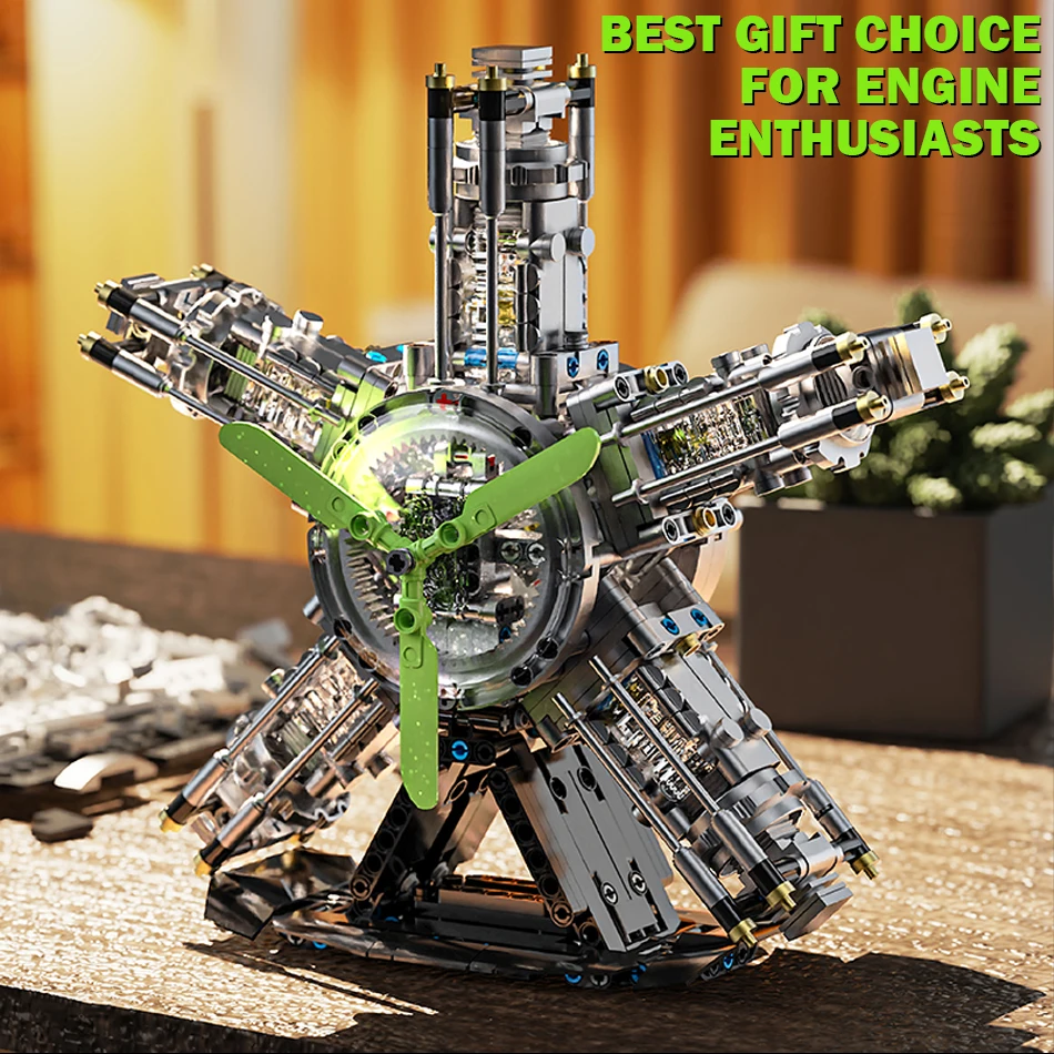 MOC ทางเทคนิคมอเตอร์ S-Cylinder Radial Engine Building Blocks พร้อมแสงไฟฟ้าเครื่องบินเครื่องยนต์อิฐของเล่นเด็กของขวัญ