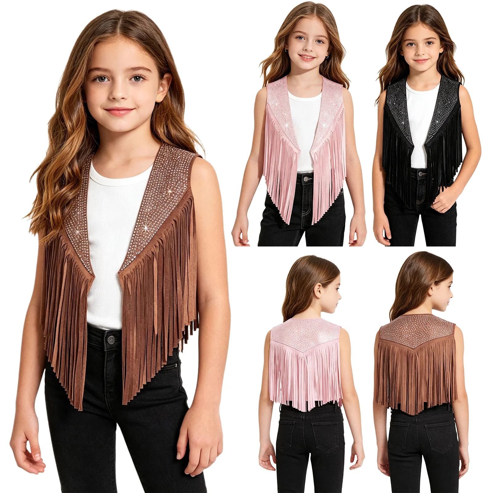 Kids Tassels Fringe Vest Cowgirl Cowboy Costume for Girls Western Theme Dress Up Halloween Carnival Cosplay Hippie Waistcoat