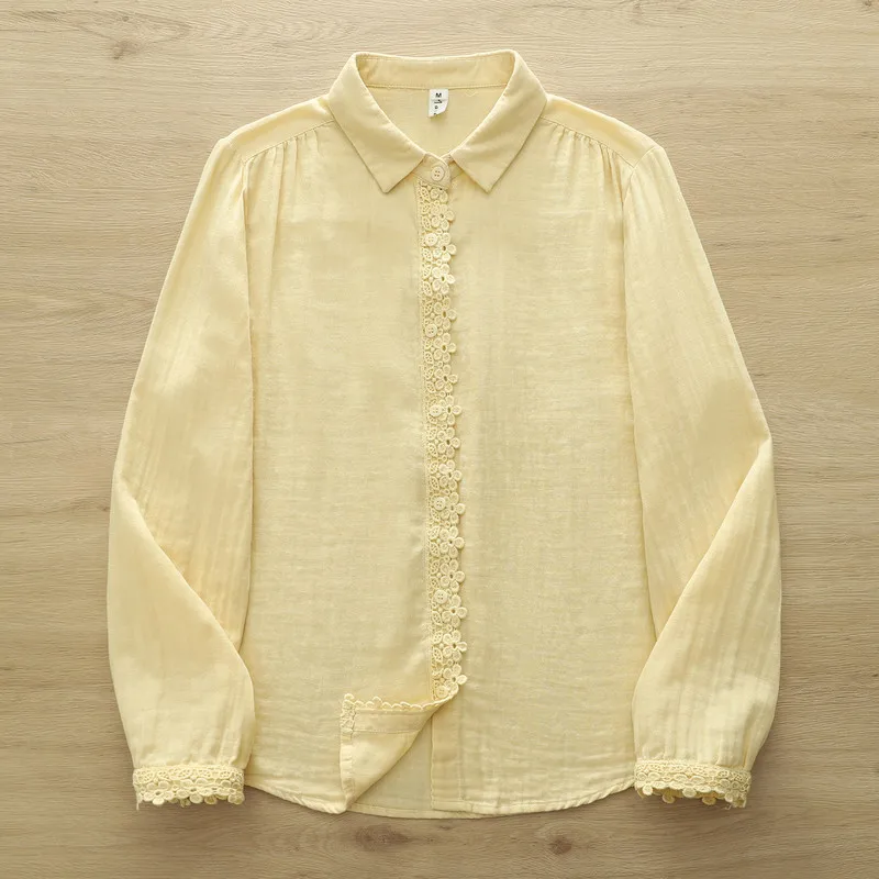 New 2026 Spring Women Cotton Yarn Long Sleeve Shirt, Turn-down Collar Lace, Mori Girl French Simplicity Loose Blouse T63126CC view 3