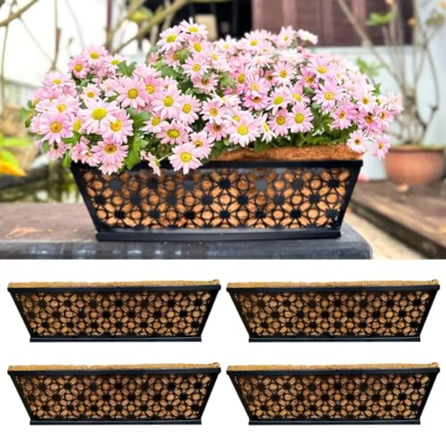 

LaLaGreen Window Box Planter for Outdoor Plants 4 Pack, 16 Inch Black Metal Rectangular Flower Pot Wall Planters with Coco Line
