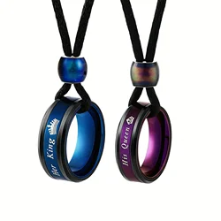 Fashion Stainless Steel Colorful Beads Couple Ring Pendant Necklace Creative Blue King Purple Queen Couple Jewelry Accessories
