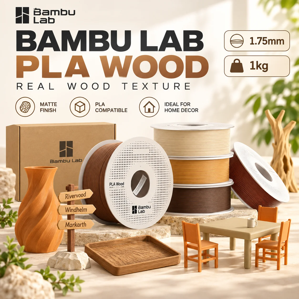 Bambu Lab PLA Wood Filament 1.75mm 1kg, Natural Wood Texture Matte Finish for 3D Printing DIY Home Decor Models