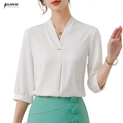 NAVIU Women Sping Summer Style White Blouses Shirts Lady Office Wea OL Half Sleeve V Neck Solid Color Blusas Tops Black Apricot