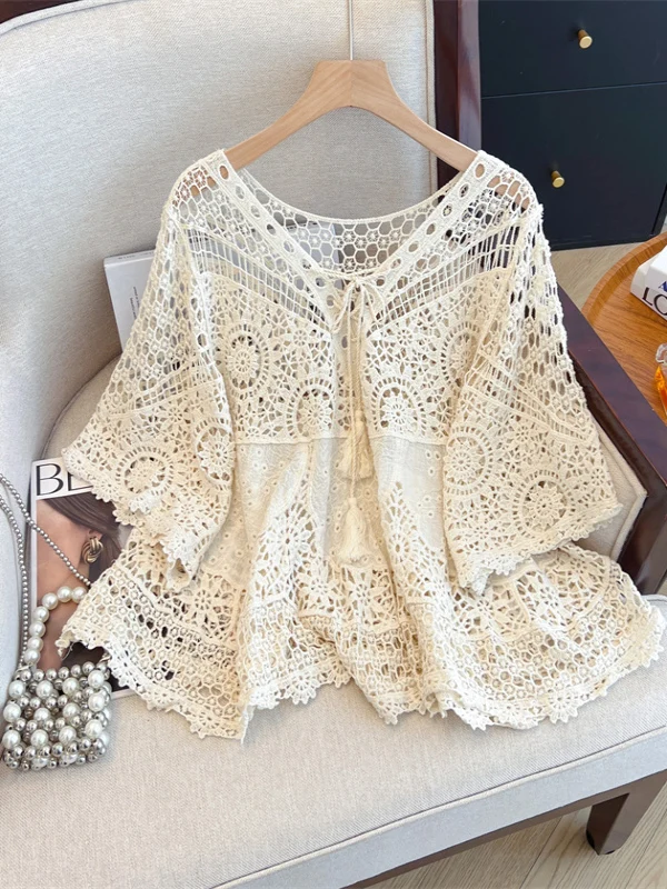 

2025 New Loose Knitted Sweater Cover up Large Size Women's V-Ne Hollow out Slimming Sun Protection Top Summer Faion