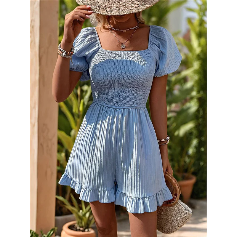 Pagliaccetti estivi da donna con collo quadrato e maniche a sbuffo a strati, mini pantaloncini Boho elastici Jumpsuit-A55G