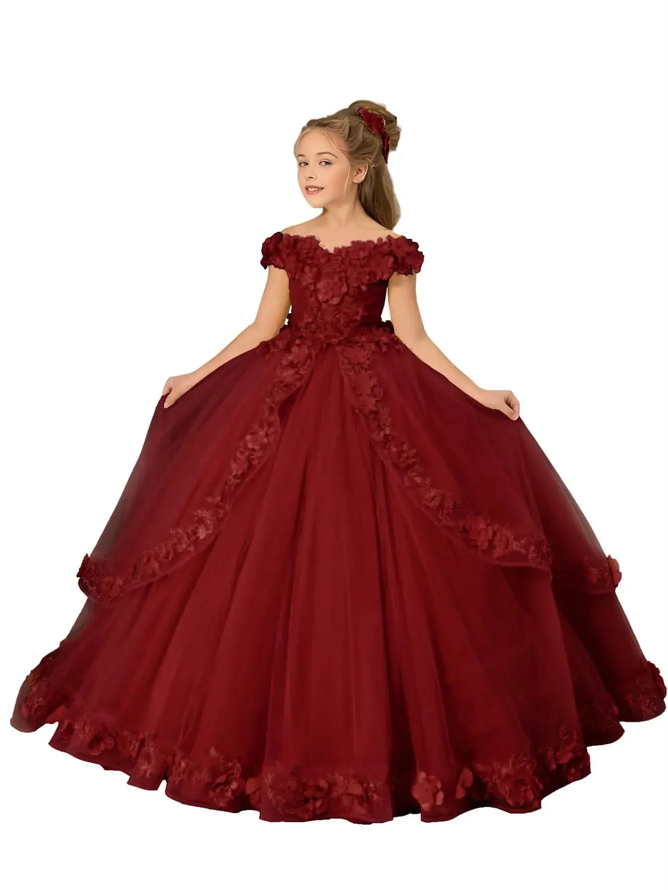 Vestidos florais amarelos para meninas, apliques de casamento, flor 3d, renda, tule, elegante, festa de aniversário infantil, primeira comunhão, vestido de baile