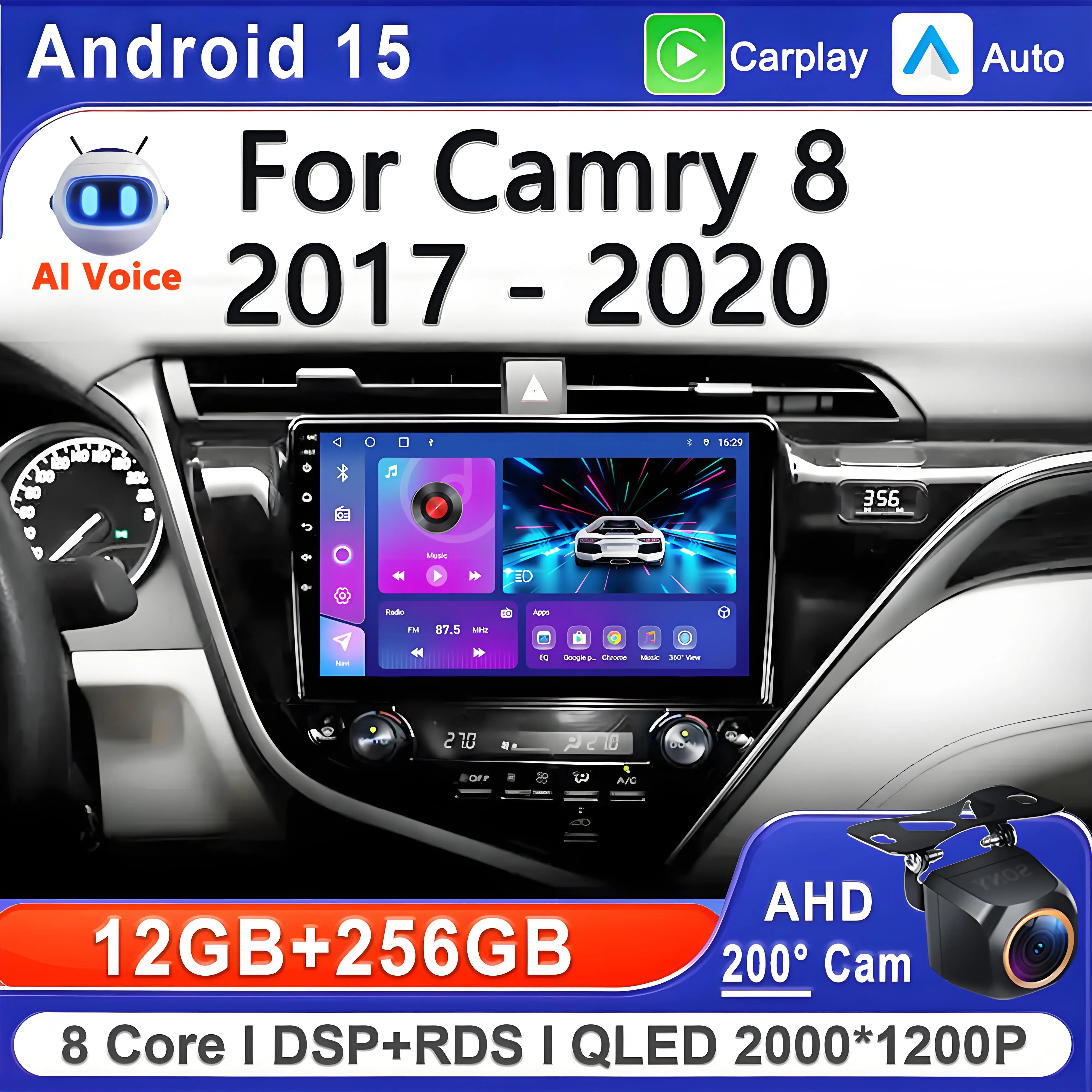 Android 15 2K Incell Screen Multimedia For Toyota Camry 8 XV 70 2017 - 2020 High-performance CPU GPS Navigation Stereo Car GPS
