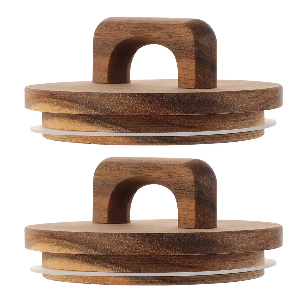 

2 Pcs Airtight Storage Jar Lid Wooden Cover Light Brown Acacia Silicone Seal Canning Lids Handle Dry Food Container