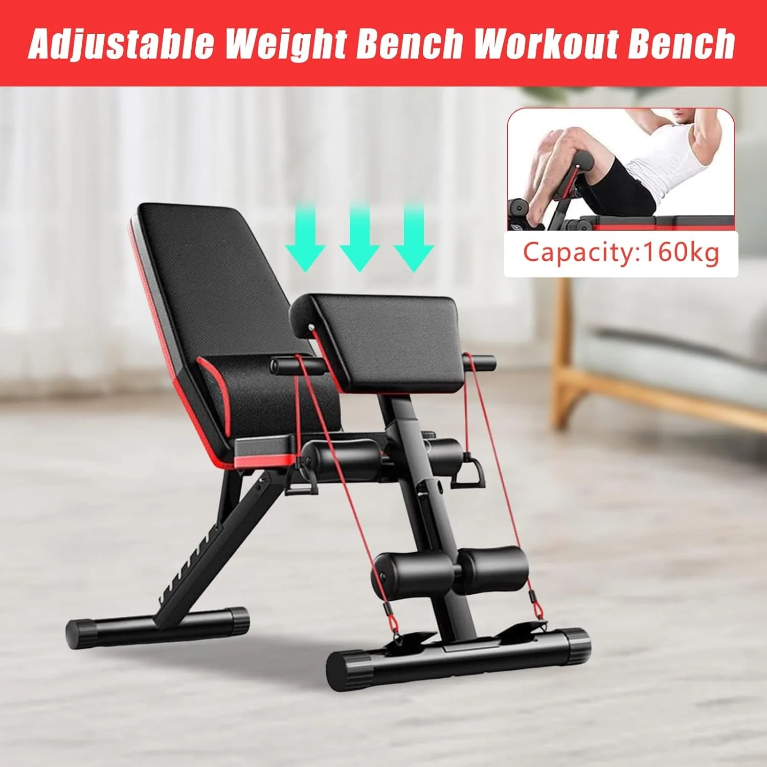 Adjustable Weight Bench, Utility Weight Bench, Home Exercise Equipment with Cushion Drawstring Support Bar for Full Body Workout